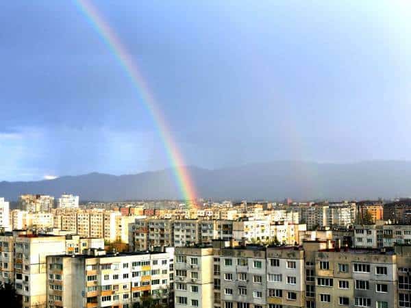 A rainbow over the city of Sofia, Bulgaria.