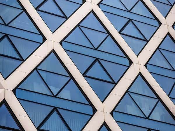 Glass facade of a business building in Bulgaria.
