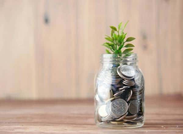 A jar full of coins with a sprouting plant out of it.