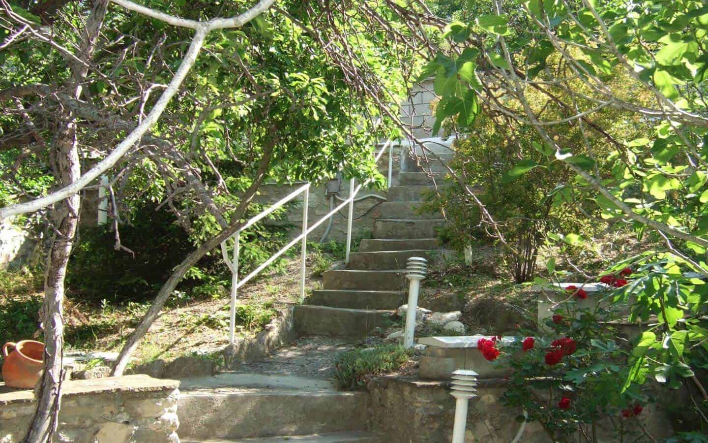 Kаменнo стълбище, обграденo със зелени растения и цветя, водещo към светла сграда в края.