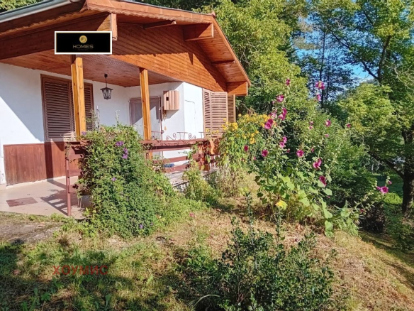 Wooden porch with pink flowers and garden