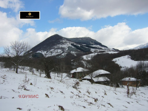 Panoramic mountain valley view with snow-covered peaks