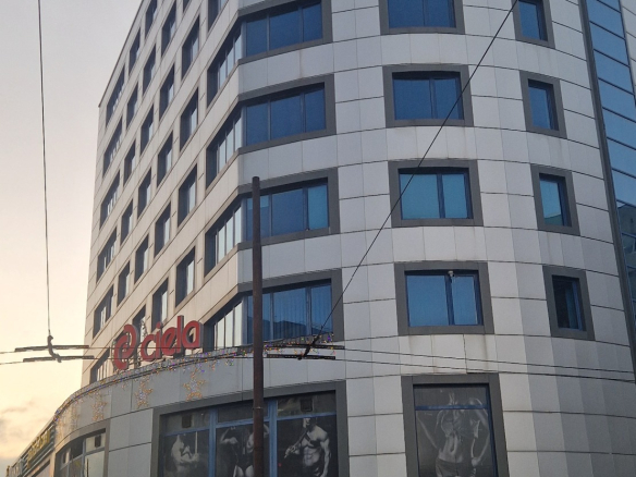 Modern office building with curved architecture and glass facade