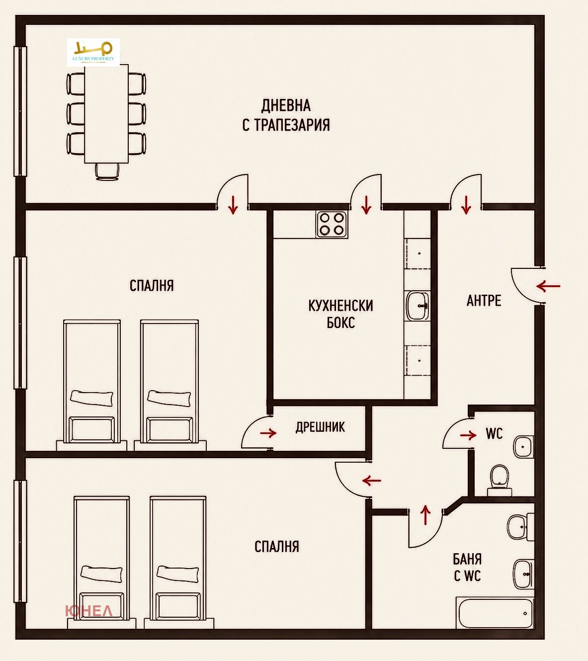 Floor plan two-bedroom apartment 68 sqm Sofia
